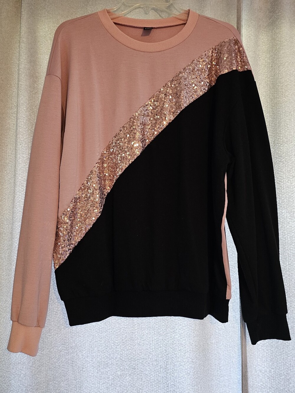 SHEIN Pink and Black Sequin Diagonal Colorblock Sweatshirt